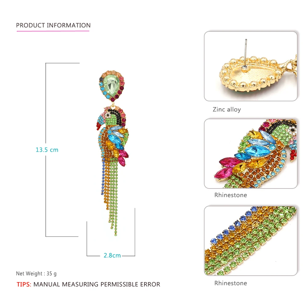 Vodeshanliwen, многоцветные стразы, длинные серьги в виде попугая,, модные серьги с кристаллами и кисточками для женщин, ювелирные аксессуары