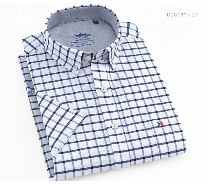 Мужская Стандартная посадка короткий рукав кнопка вниз нашивка для рубашки один нагрудный карман хлопок летняя повседневная однотонная/клетчатая/полосатая рубашка