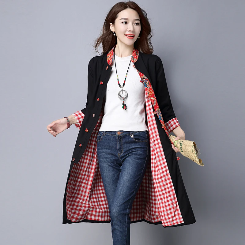 Trench coat women Autumn Ethnic Patchwork Print Trench Outerwear female casual Loose Chinese style Clothing WJ645