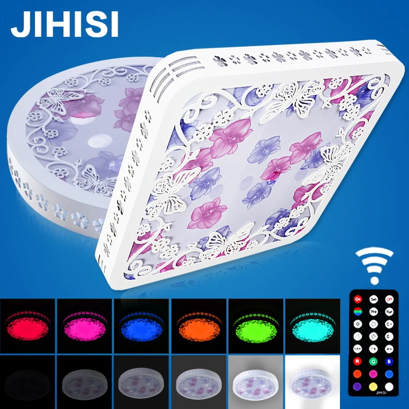 Remote LED hollow ceiling lamps light color adjustable square round carved wooden bedroom warm garden lamp