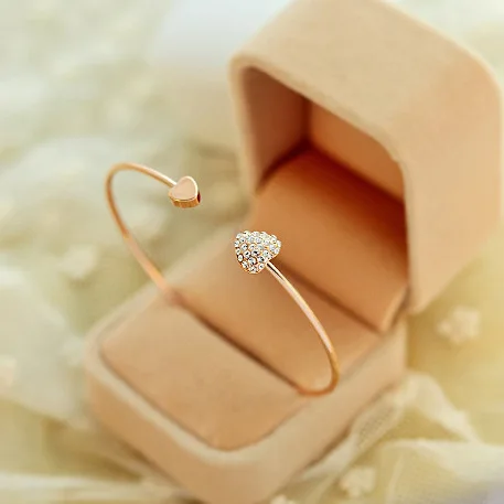 2018 Hot New Fashion Adjustable Crystal Double Heart Bow Bilezik Cuff Opening Bracelet Women Jewelry Gift Mujer Pulseras