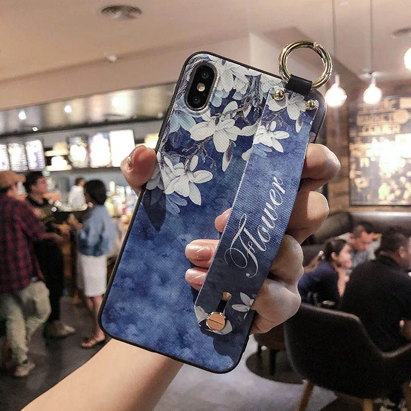 

Wrist Strap Phone Holder Case For iPhone 7 6 6S 8 Plus X XS Max XR Cover Stand Soft Silicone Bling Transparent Flower Funda