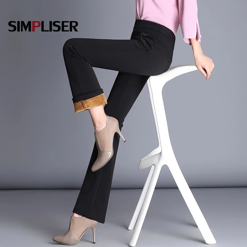 Femme Pants Black Blue With Velvet Wide Leg Trousers Black Blue Female Office Work Pants Ladies Fashion Winter Fleece Pants 2018