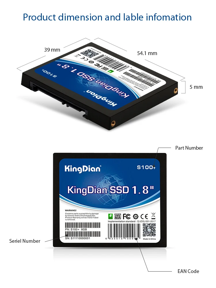 KingDian 1,8 SATA SATA2 внутренний SSD жесткий диск твердотельный диск SSD 8GB(S100+ 8G