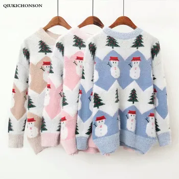 

Cute Christams Sweater Women Autumn Winter Warm Mohair Snowman Christmas Trees Pattern Loose Pullovers Knitted Jumpers Ladies