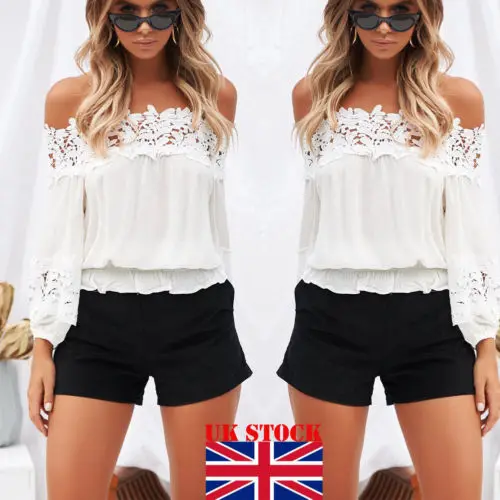 

US Fashion Women Off Shoulder Long Sleeve Casual Cute Loose Lace T-Shirt Tops