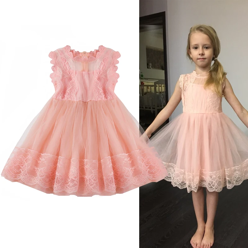 Sweet Pink Princess Girl Lace Dress Baby Girls Party Children Tulle Costumes For Kids Flowers Birthday Summer Frocks | Детская одежда и
