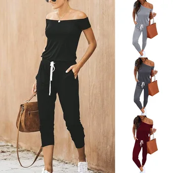

Women One Shoulder Drawstring Jumpsuit Playsuit with Pockets for Summer FS99