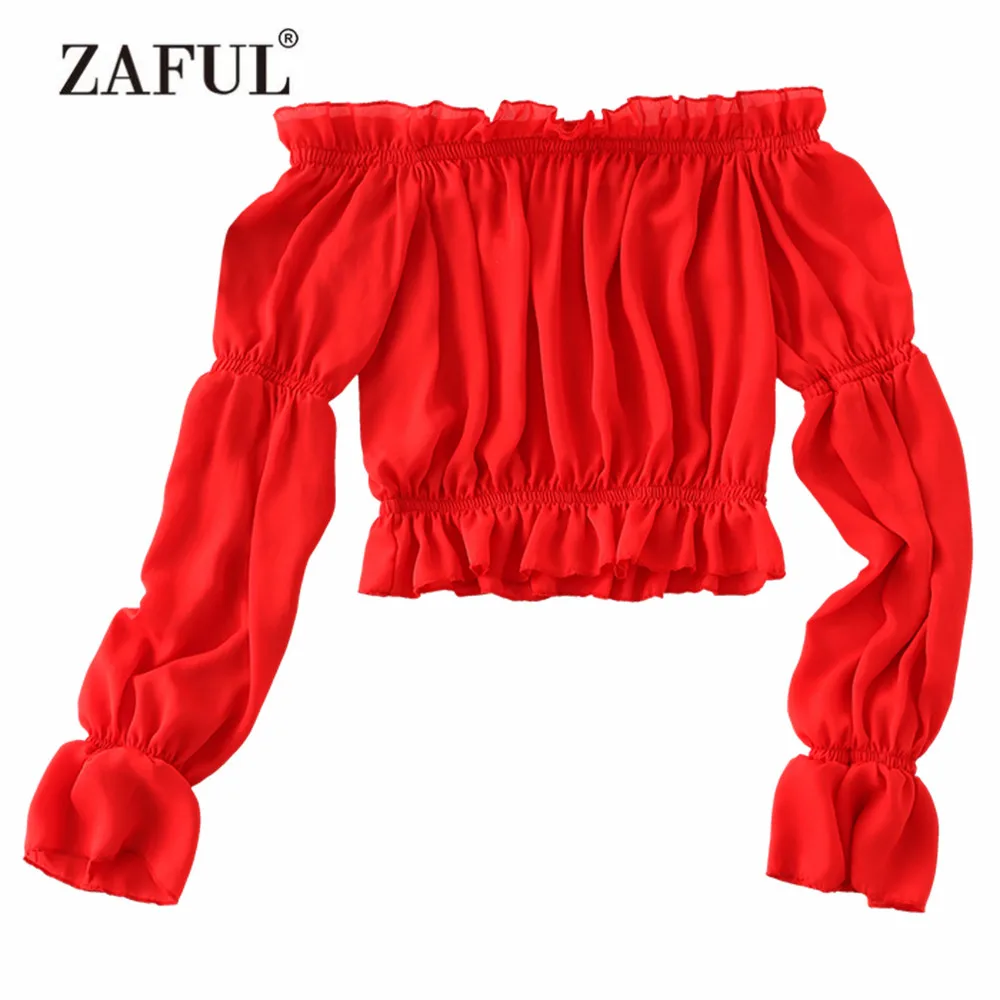 

ZAFUL 2018 Beach Cover Ups Women Off Shoulder Ruffles Cropped Blouse Sexy Exposed Shoulder Cover Up Full Slleeve Short Beach Top