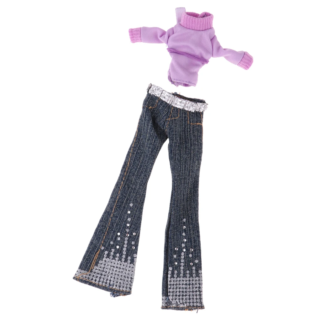 2pcs Doll Clothes Suit Purple Top & Denim Trouser For 1/6 Monster High Doll Accessories Doll Clothes Sets