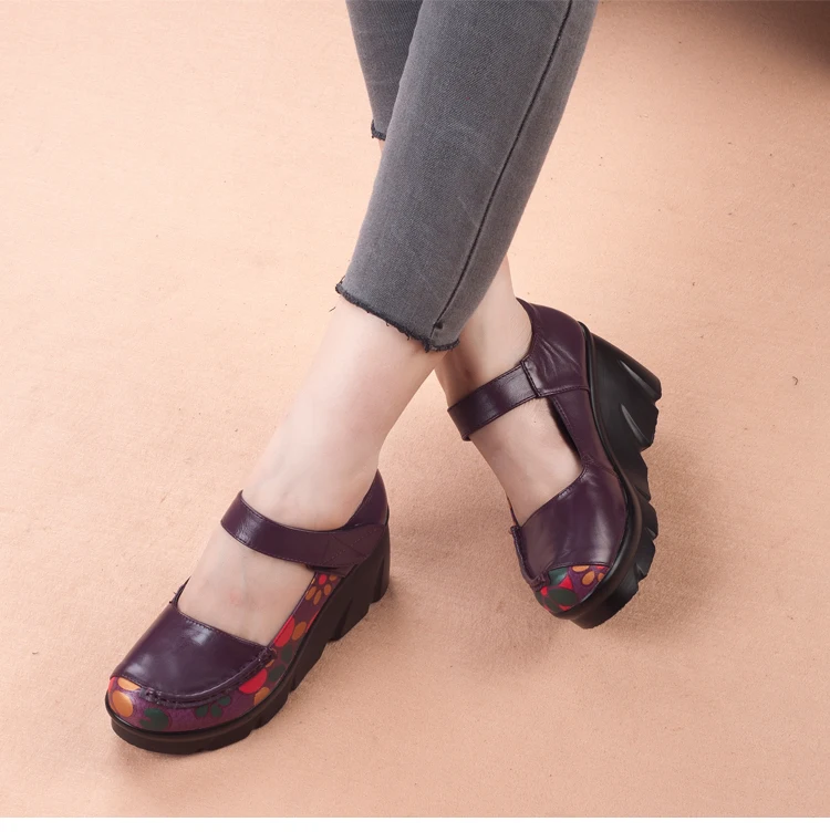 Genuine leather Wedges Women's shoes Spring Autumn Platform Women Pumps Hook&Loop Mary Janes Shoes Woman Casual Mom Leather shoe