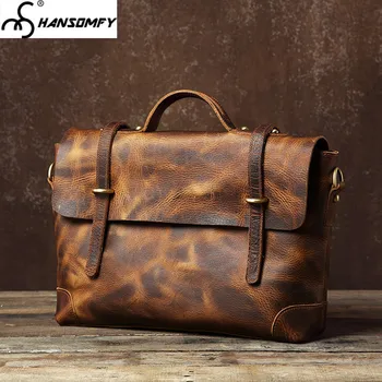 

Shoulder Crossbody Bag Briefcase 14" Men's First Layer Cowhide Handmade Retro Original Mobile Messenger Crazy Horse Leather Soft