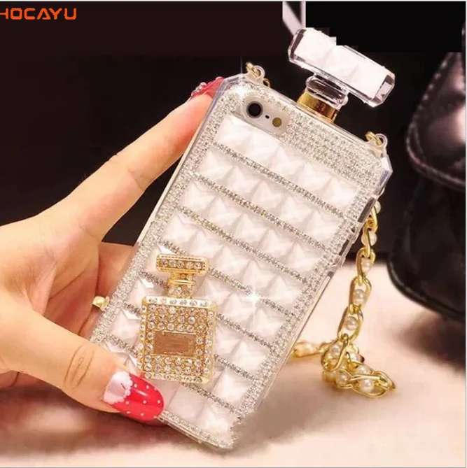 

HOCAYU Luxury Diamond Handphone Cover for Girls Perfume Bottle Jewelled Chic Back Shell with Pearl Neck Lanyard Soft Capa