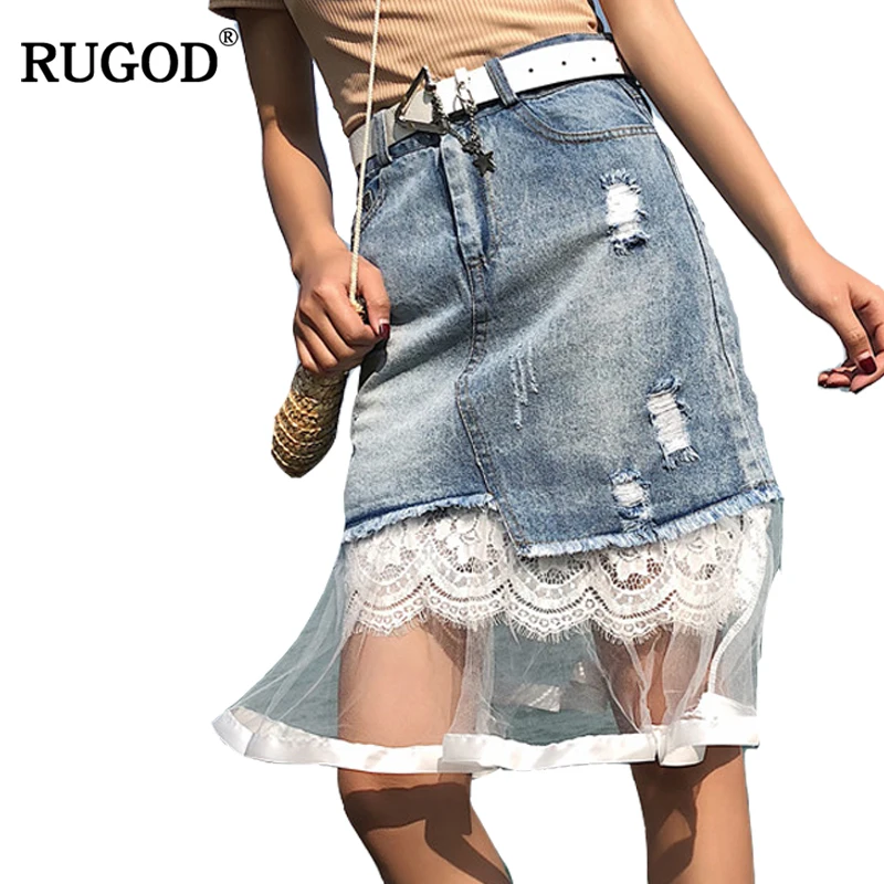 saia jeans com bico de renda