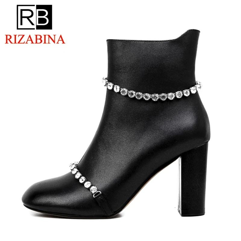 

RizaBina Sexy Women Genuine Leather Boots High Heel Boots Beading Solid Color Warm Fur Shoes Women Winter Footwear Size 35-39