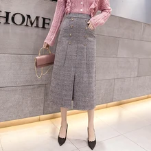 Корейская версия женская клетчатая Офисная Женская юбка новая осенняя/зимняя Кнопка молнии Империя до середины икры прямая половина юбка женская