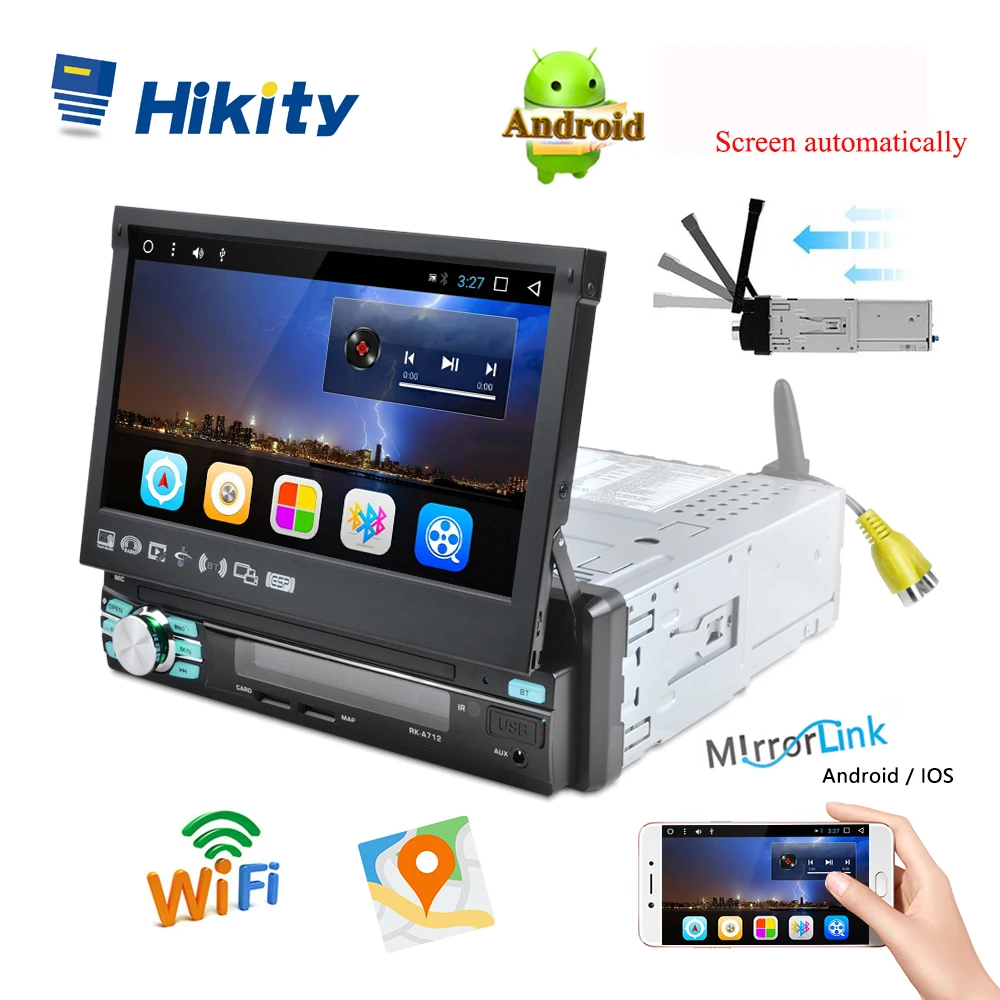 Автомобильный радиоприемник Hikity 1 din выдвижной сенсорный экран Android GPS Wi Fi