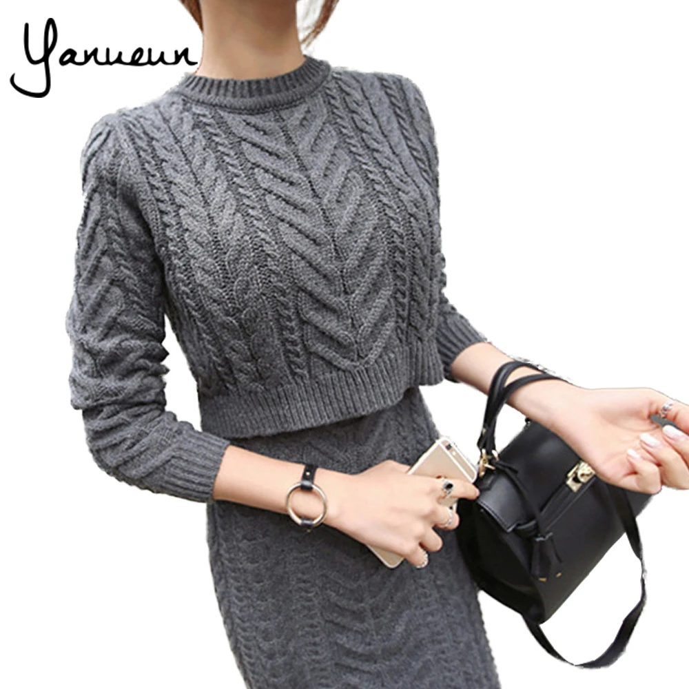 Yanueun Coreano Moda Outono Inverno Mulheres Camisola Da Malha do Reforço e Bodycon Saia Terno Ternos De Malha Da Forma Das Mulheres Quente 2 Peça conjuntos