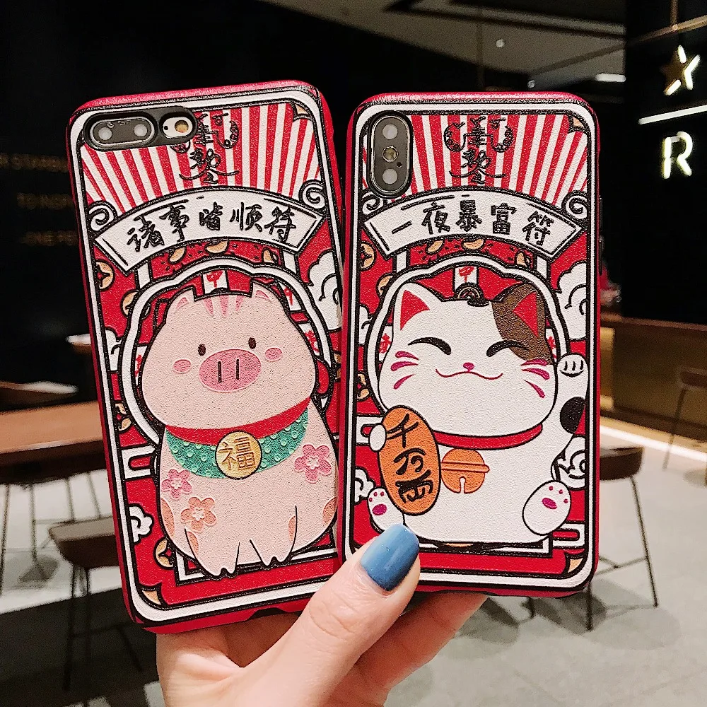 

Cute 3D Emboss Cartoon Lucky Cat Patterned Phone Case For iphone X 8 7 6 6S Plus Cases Soft Silicone Cover For iphone 9 xs max