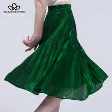 Чудо Весна Лето Новые металлические цвета женские плиссированные юбки Повседневная Юбка До Колена женская зеленая синяя красная юбка с высокой талией