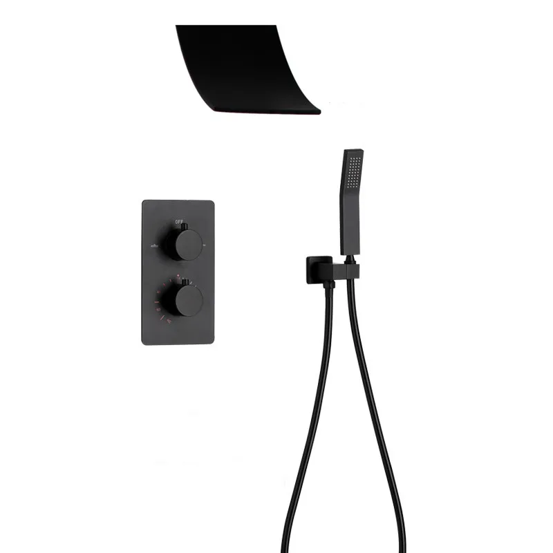Koop Matte black Thermostatische waterval Regendouche Badkamer Messing Zwarte Bad Douche Set Wandmontage kraan douche IS357