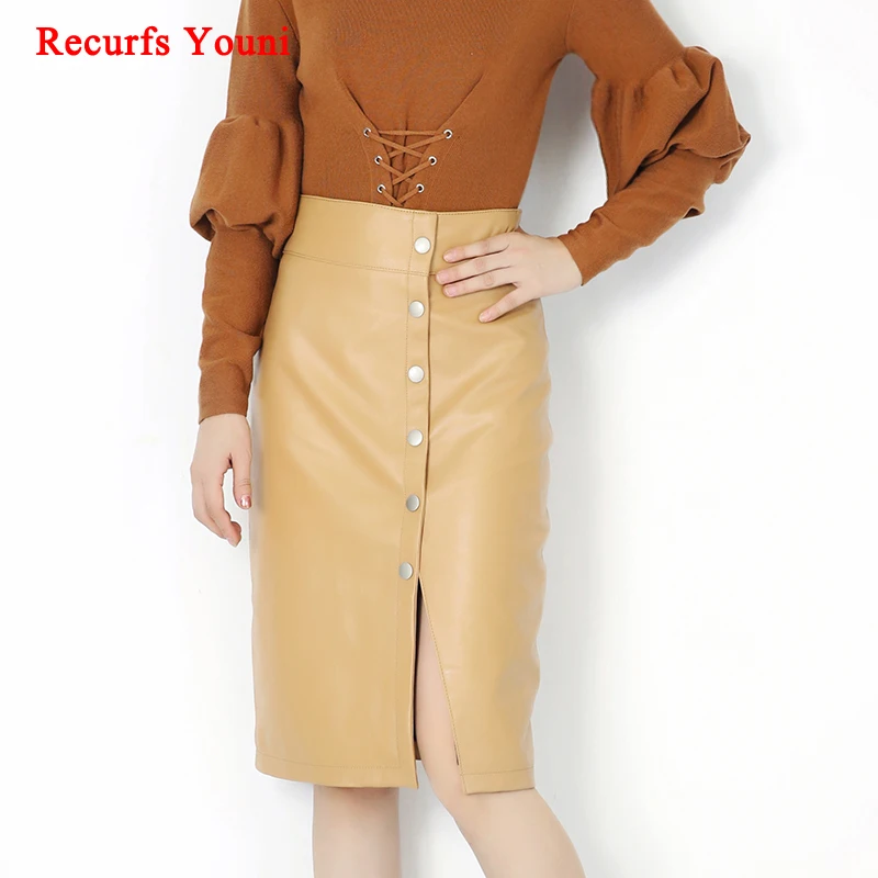 

RYS8340 Fashion Style 2019 Spring Genuine Leather Skirt Women Buttocks 60 cm Long Saias Female Beige/Black Buckles Faldas