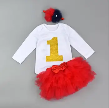 

3PCs/Set Long Sleeves Baby Girls Glitter Number 1 First Birthday Romper Six-layers Tutu Flower Headband for 0-24Months