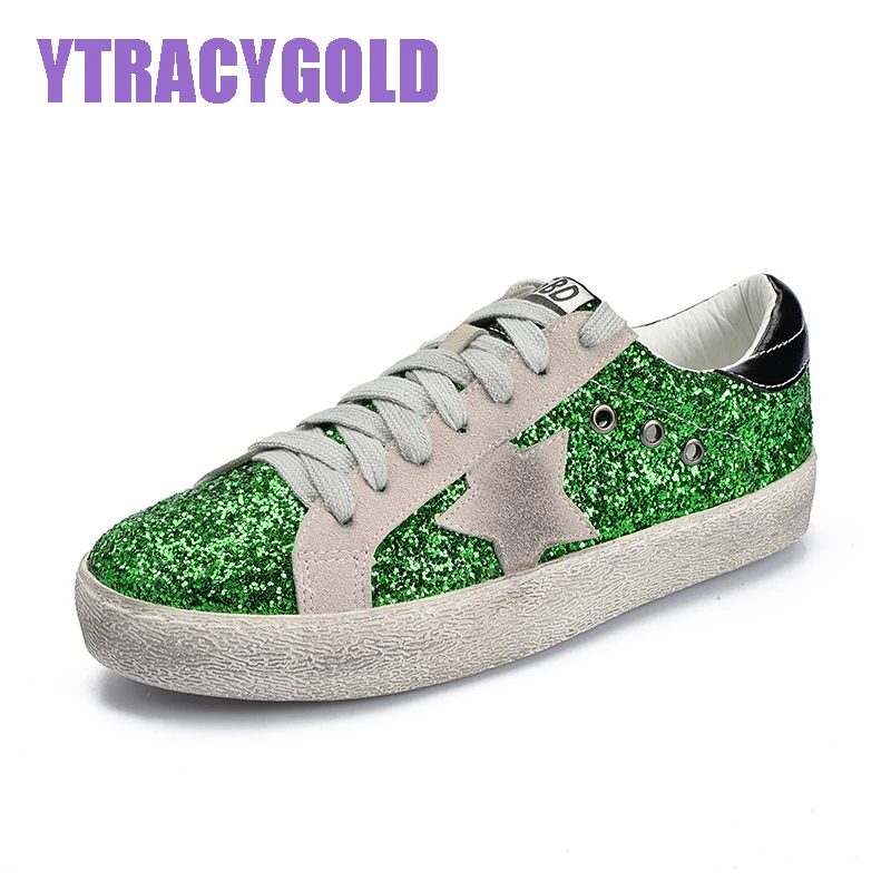 

YtracyGold Glitter Star Leather Casual Shoes For Women Flats Fashion Tenis Feminino Vulcanize Shoes Women Lace-up Female Shoes
