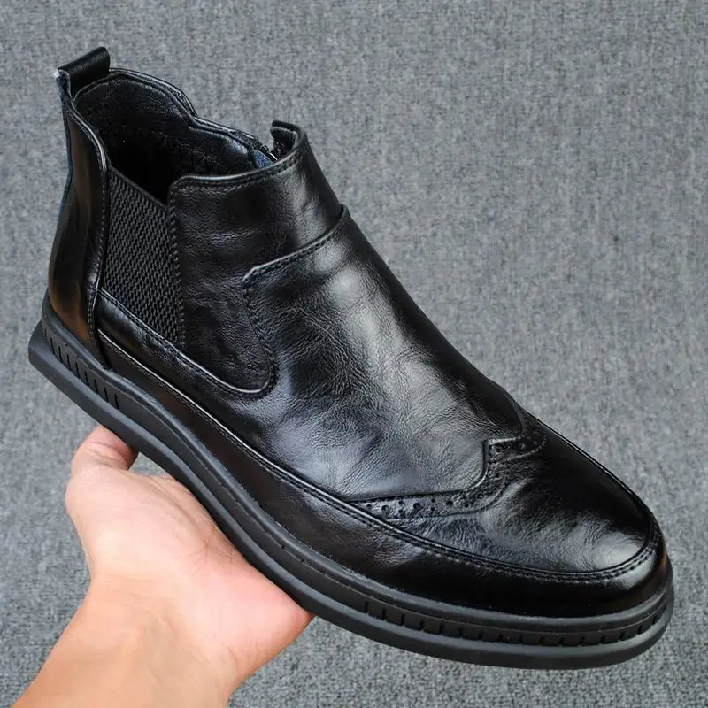 ERRFC/модные мужские полуботинки с круглым носком в британском стиле с высоким берцем, дизайнерские полуботинки «Челси» без шнуровки для мужчин, черные рабочие ботинки - Цвет: Черный