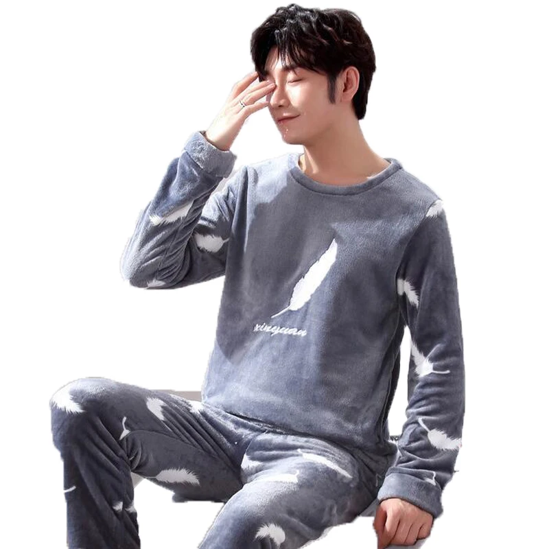 Fashion Brand Luxury Winter Pajamas Men Sleepwear Thick Warm Coral Fleece Mens Pajama Set Male Nightwear Leisure Home Clothing