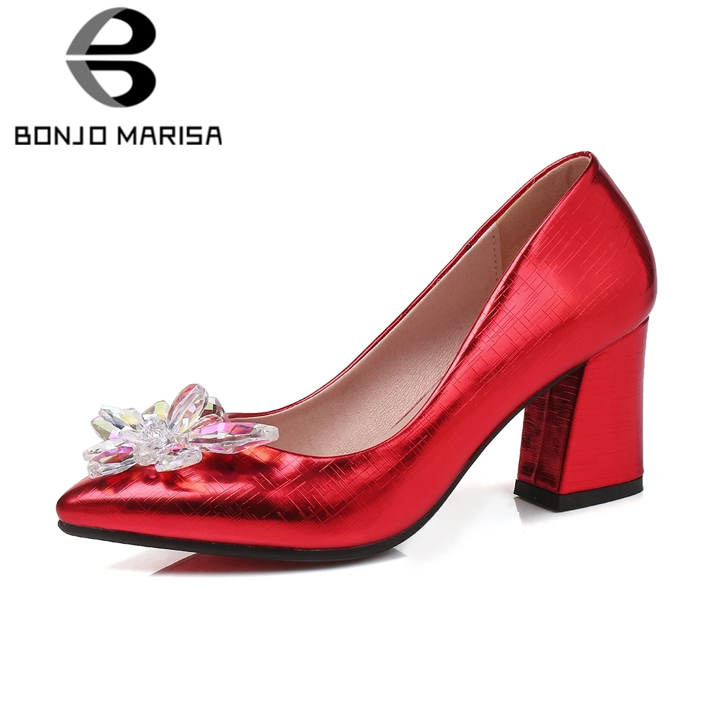 

BONJOMARISA 2020 Spring Plus Size 33-48 Women Crystal Wedding Pumps High Heels Bride Shoes Woman Sexy Shallow Footwear