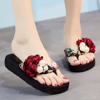 

High Quality Non-slip Big size Slippers Women Beach Summer Women Slippers Bohemia Red Fashion Flower Flip Flops Women Flat Black