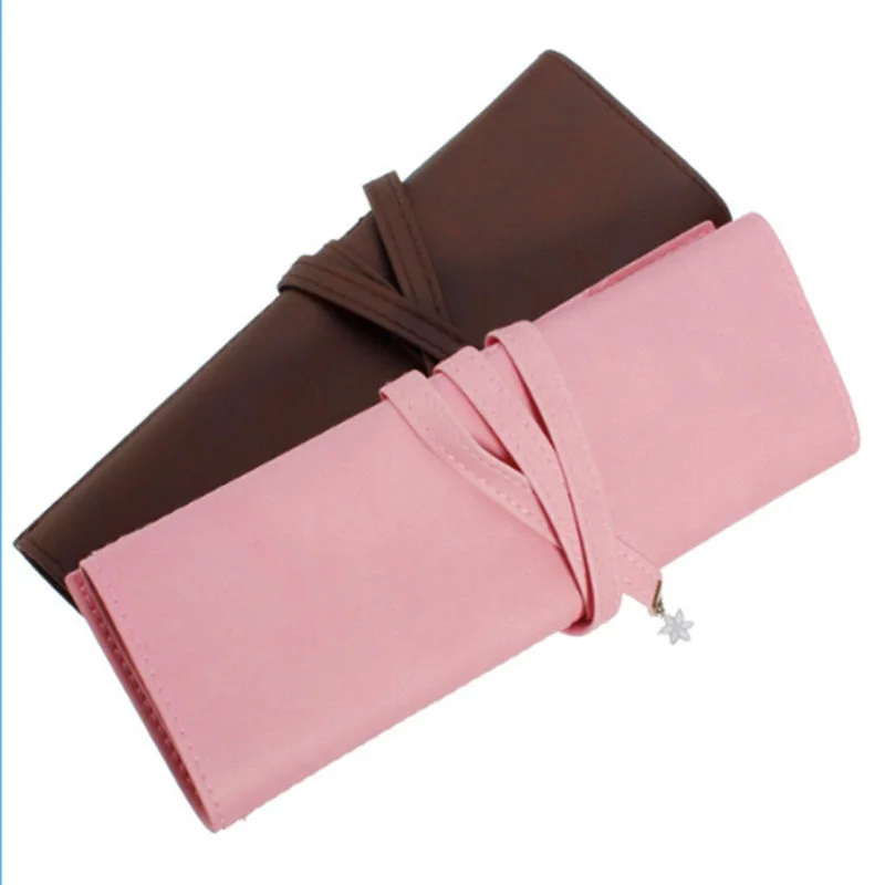 1PC Fashion Faux Leather Makeup Cosmetic Bags Women Accessories Vintage Roll Makeup Brush Pen Pencil Case Pink Coffee