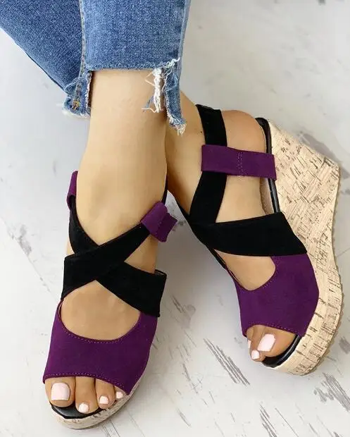 

2019 New Peep Toe Color block Platform Wedge Sandals in Ankle Strap For Summer Ladies Super High heel Gladiator Woman Shoes