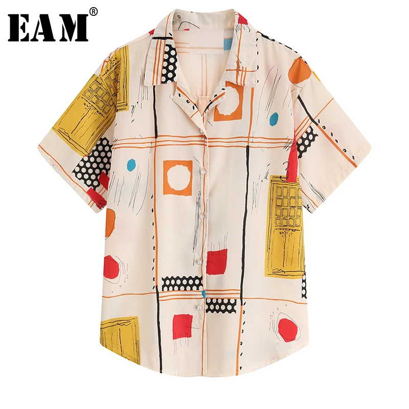 

[EAM] 2019 New Spring Summer Lapel Short Sleeve Pattern Printed Big Size Loose Personality Shirt Women Blouse Fashion JU958