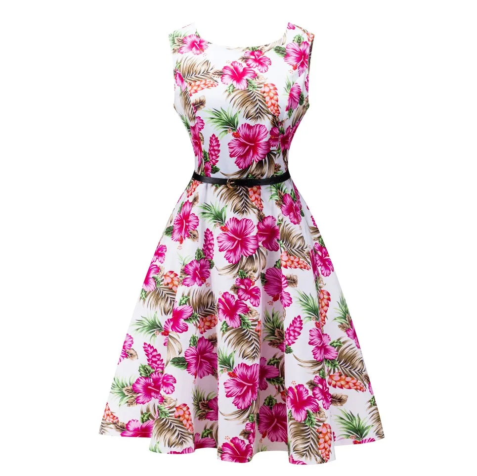 New Ladies Sleeveless Floral Print Cotton Fabric Pin Up Dress Empire