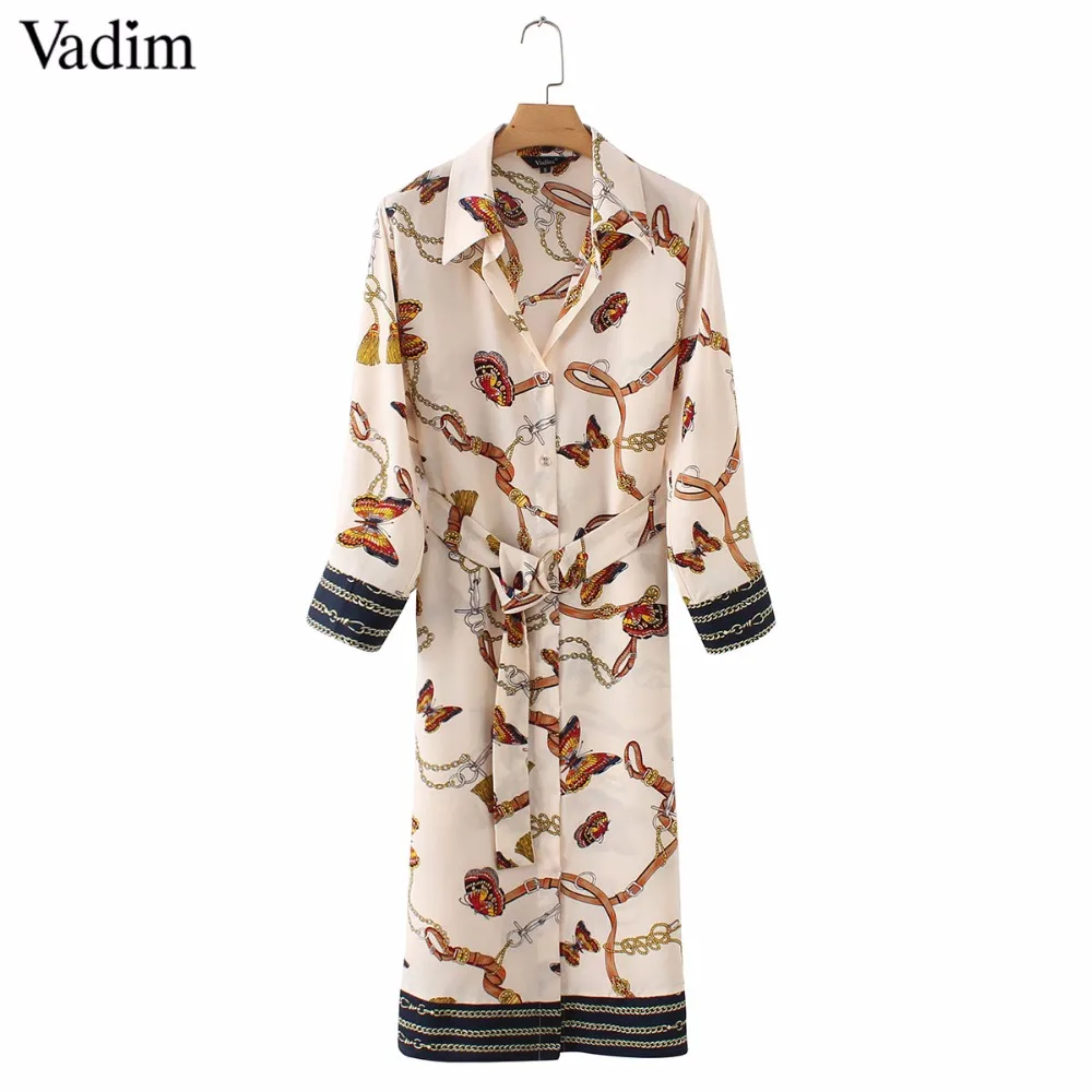 Vadim женское винтажное платье миди с принтом в виде цепочки, галстук-бабочка, пояс, длинный рукав, Боковой разрез, Ретро стиль, женские повседневные платья, vestido mujer QA564