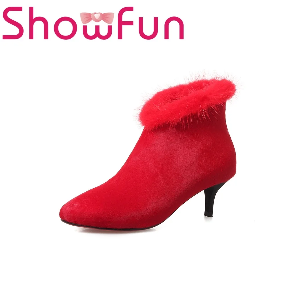 

Showfun genuine leather shoes woman horsehair solid ankle thin heels boots