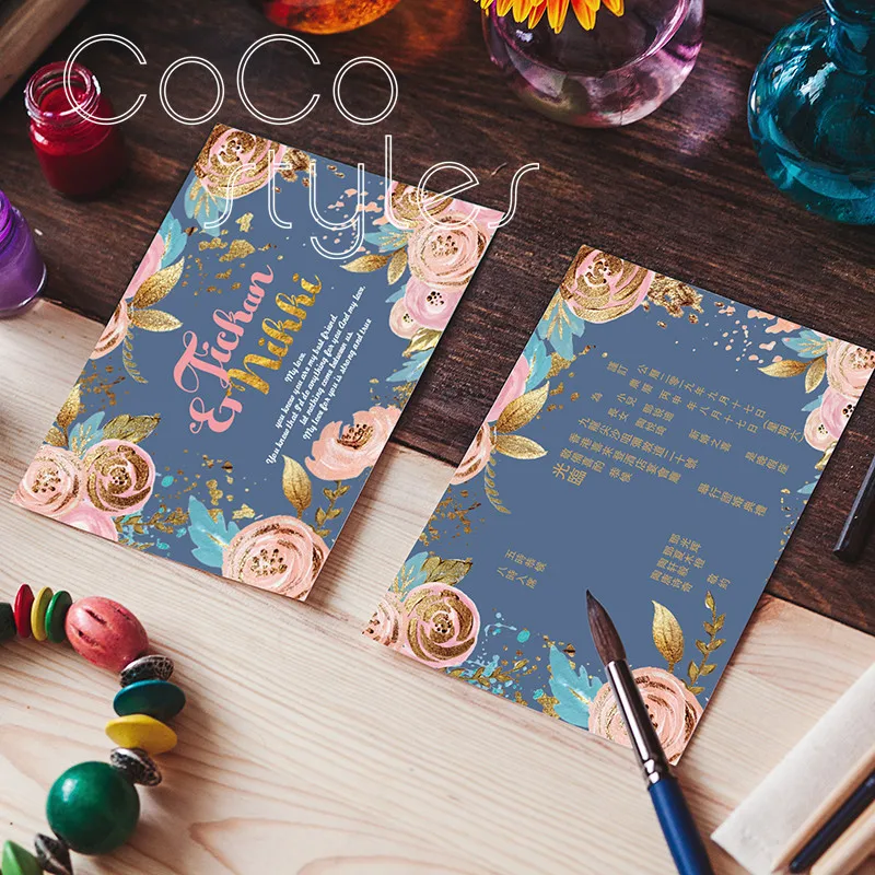  Cocostyles custom vintage gold foiling edge floral design invitation card with match envelope for g - 32891632588