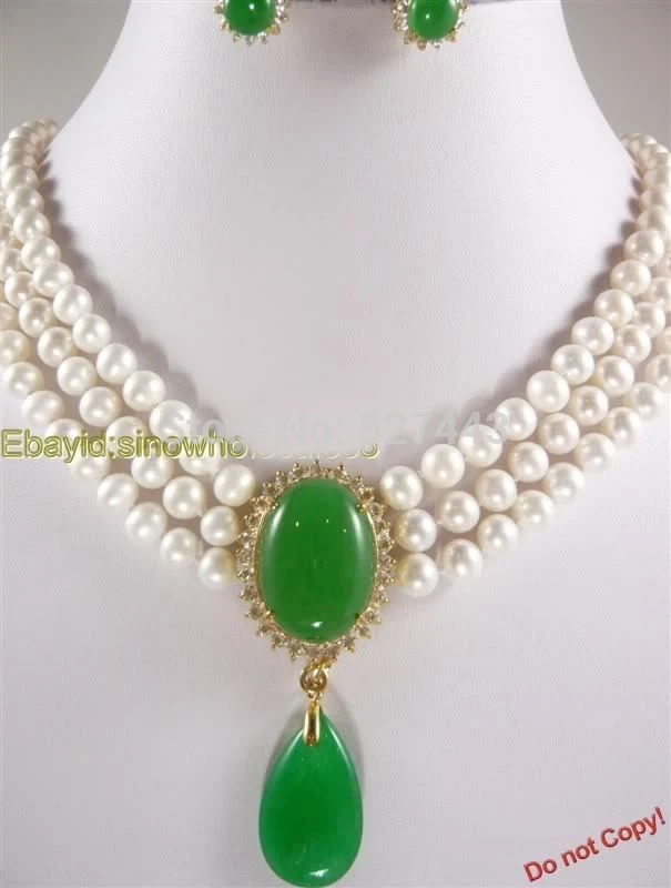 

Hot sell Noble- Wholesale JWEW6558 Set 6-7mm White Pearl & Green Jade Necklace Earring (A0516)