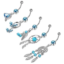 5 шт./компл. Нержавеющая сталь синего цвета с украшением в виде кристаллов с изображением Ловца снов кольцо пупка пирсинг jewelrybody ювелирные изделия