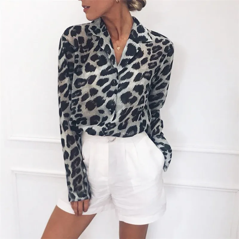 Блузка с леопардовым принтом Шифоновые Топы для женщин с длинным рукавом с животным принтом рубашка Элегантная Офисная Женская Туника блузка рубашка - Цвет: Серый