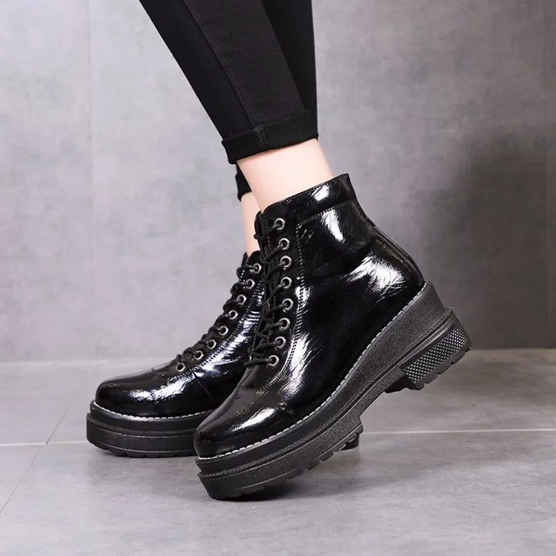 COOTELILI Plus Size Black Ankle Boots Women 6cm High Heels Leather Shoes Woman Winter Autumn  Flat Platform Boots Women 35-40 (9)