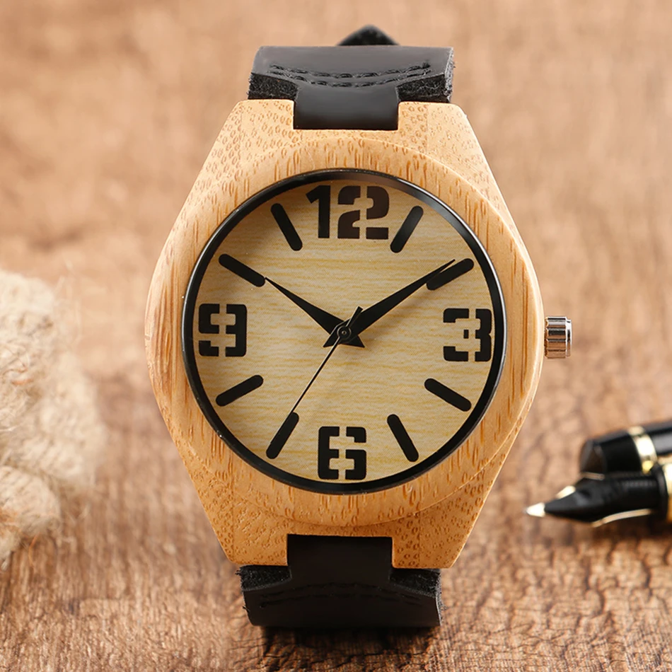 Minimalist Wrist Watch Men Handmade Bamboo Wood Clock Sport Creative Bangle Black Genuine Leather Band Strap Modern Style Gift (9)