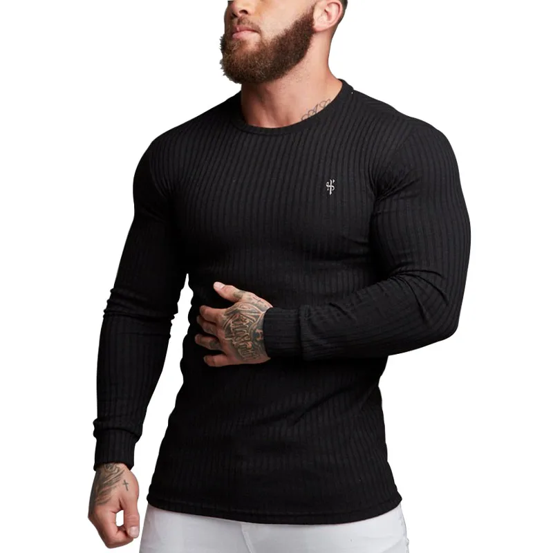 Осенняя мода, Мужская футболка, свитер с круглым вырезом, облегающая трикотажная одежда, мужские пуловеры с длинным рукавом, мужские футболки для фитнеса - Цвет: BLACK