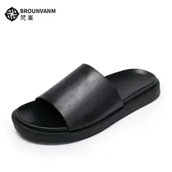 Новый мужской из натуральной кожи чистого черного цвета повседневные сандалии, тапочки обувь Для мужчин Нескользящие летние пляжные