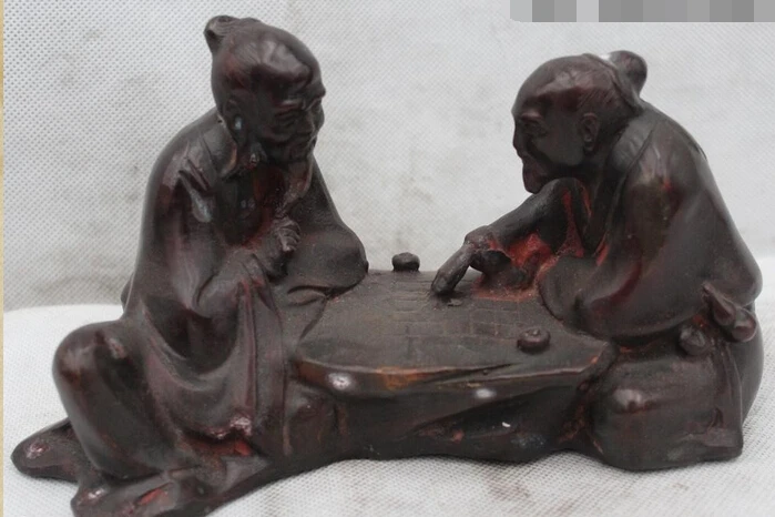 

003535 5"China Chinese Folk Bronze excellent Lucky Two Geezer play chess Statue Sculpt