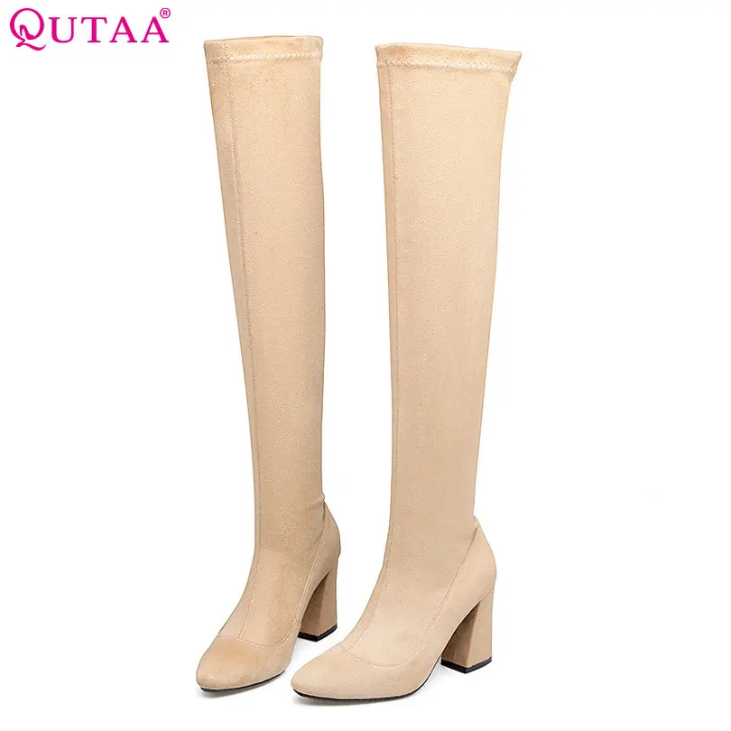 QUTAA 2018 Women Over The Knee Boots Hoof High Heel Winter Shoes Women Pointed Toe Slip On Black Ladies Snow Boots Size 34-43 цена QUTAA 2018 Women Over The Knee Boots Hoof High Heel Winter Shoes Women Pointed Toe Slip On Black Ladies Snow Boots Size 34-43 цены онлайн