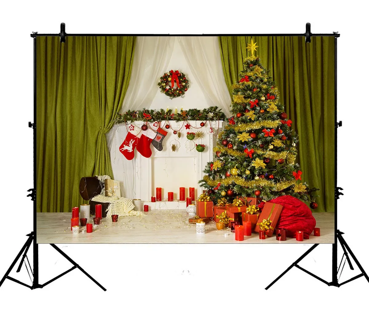 

5x7ft Christmas Xmas Tree Sock Fireplace Presents Santa Bag Polyester Photo Background Portrait Backdrop