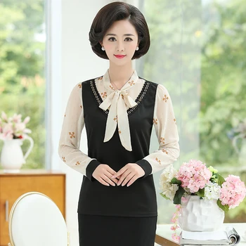 

Fake Two Pieces Women Pullover Tops Spring Fall New Fashion Casual Patchwork Mother Tshirt Bow Collar Chiffon Long Sleeve Tee